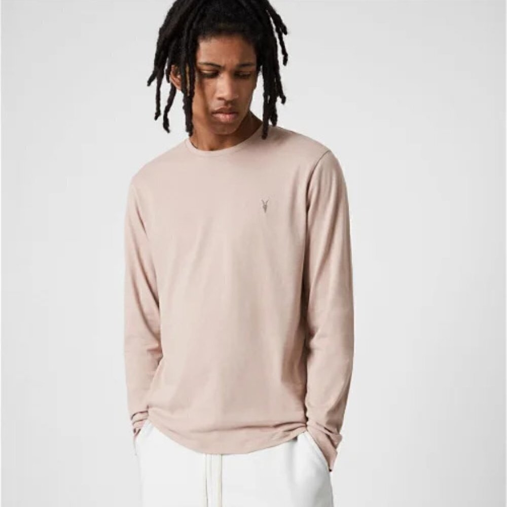 All Saints | Men's Brace Long Sleeve Crew T-Shirt in Balsa Stone Pink Size M